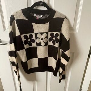 No Boundaries Black and Cream Floral Checkered Sweater
